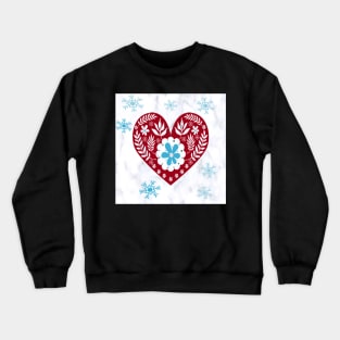 Winter Scandinavian Design, Teal & Red on White Background Cute Simple Nordic Heart and Snowflakes Crewneck Sweatshirt